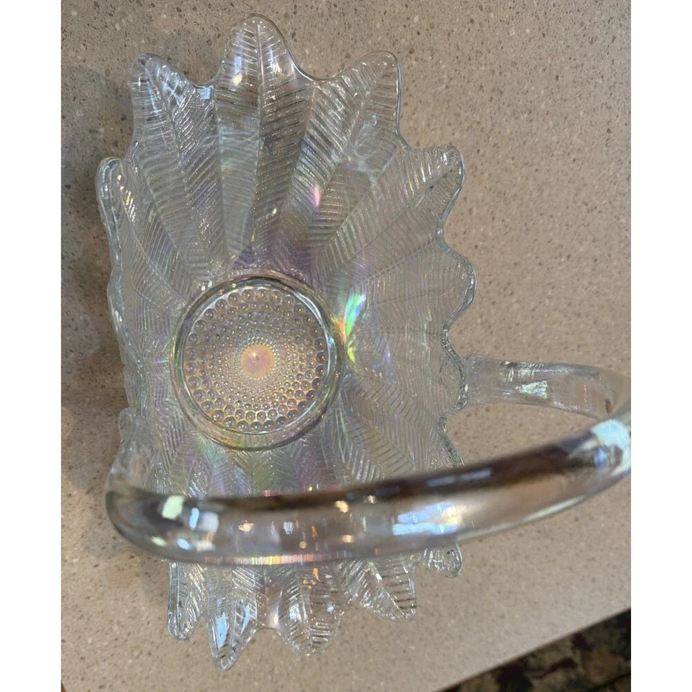 LE Smith Clear Glass Feather Pattern Basket Scalloped Edge Applied Handle. 13.5”